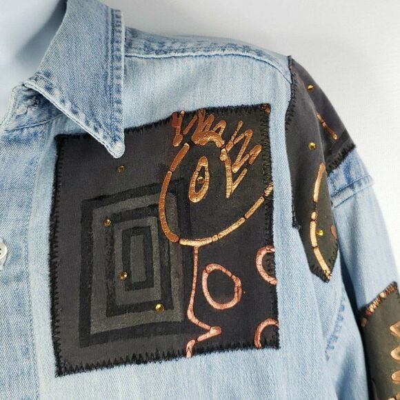 Vtg 90s Womens L Denim Blue Jean Shirt Oversized - Picture 5 of 8